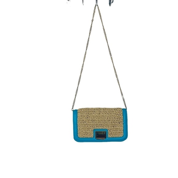 Turquoise leather&natural straw crossbody or clutch gold lock & removable chain - Picture 2 of 13